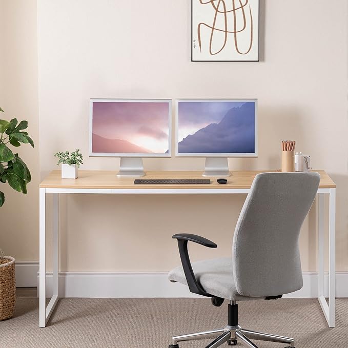 Zinus Jennifer 63 Inch White Frame Desk, Computer Workstation, Office Desk, Easy Assembly, Natural