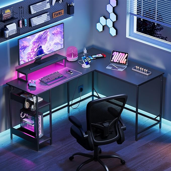 DEVAISE 60 Inch L Shaped Gaming Desk with LED Lights & Power Outlets, Corner Desk for Small Spaces, Sturdy PC Computer Table with Storage for Home Office, Black