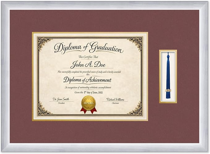 Diploma Frame with Tassel Holder 23.25 x 17 Stainless Silver Shadowbox Dark Red Over Gold Mat - Fits 13 x 10 Degree Made in the USA
