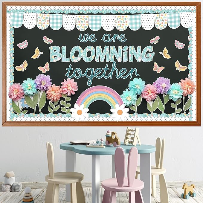Summer Spring Bulletin Board Decorations Flower Bulletin Board Set with 3D Tissue Paper Pompoms Butterfly Cutouts We are Blooming Together Floral Decor for School Classroom Home Chalkboard Wall