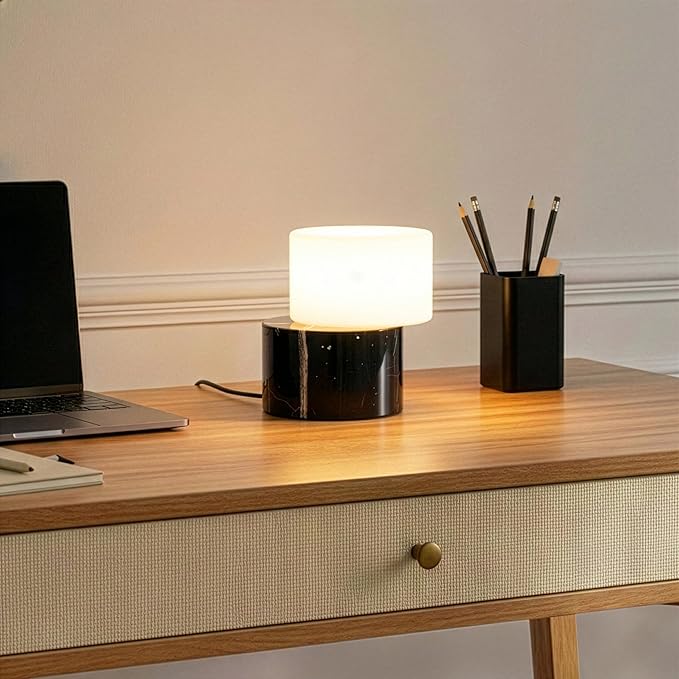 Brightech Zigzag Desk Lamp - Small Dimmable LED Black Marble Table Lamp, Rotatable Frosted Glass Shade, Genuine Stone Natural Unique Desk Light for Office, Bedside, Nightstand, Living Room, Entryway
