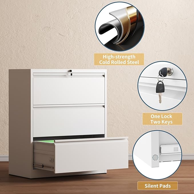 3 Drawer File Cabinet with Lock, Lateral Filing Cabinets,Metal Storage Filing Cabinets for Home Office, Heavy Duty File Cabinet for Letter/Legal/A4/F4 Size Amsseble Required, White