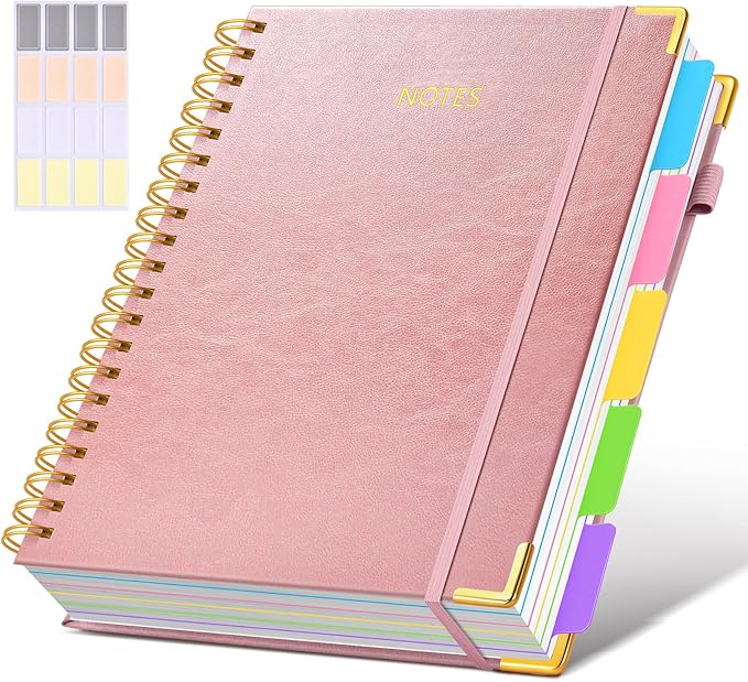 Hardcover Spiral Notebook 8.5"x11" Journal with Removable Dividers Tabs, 300 Pages Leather 5 Subject Notebook College Ruled, Large Notebooks for Work School, Lined Journal for Women, A4 Rose Gold
