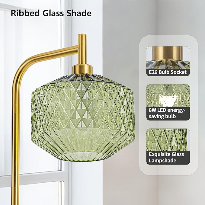 MAYNA Mid Century Modern Floor Lamp, Emerald Green Ribbed Glass Standing Lamp with Built-in Timer Switch, Gold Tall Vintage Lamps for Living Room Bedroom, 2700K LED Bulb Included