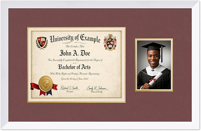 CountryArtHouse Fits 13 x 10 College Diploma (Traditional) and 5 x 7 Photo Diploma and Photo Frame Bright White Genuine Hardwood with Dark Red Over Metallic Gold Double mat