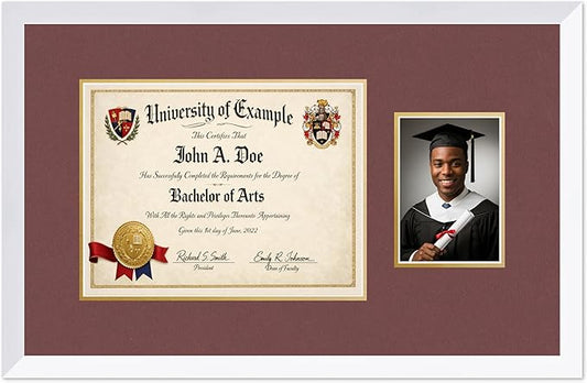 CountryArtHouse Fits 13 x 10 College Diploma (Traditional) and 5 x 7 Photo Diploma and Photo Frame Bright White Genuine Hardwood with Dark Red Over Metallic Gold Double mat