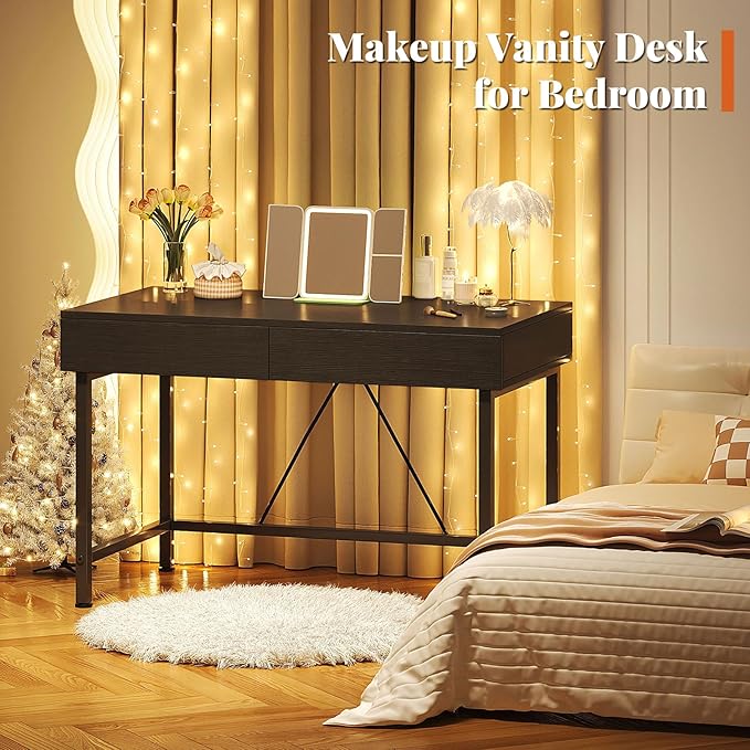 VERMESS Small Desk with Wood Drawers, 40 Inch Computer Desk for Bedroom, Vanity Makeup Desks, Kids Desks for Small Space with Storage for Home Office, Study Writing Simple Computer Table, Black