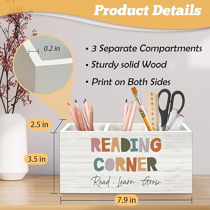 Boho Reading Corner Pen Holder Organizer for Desk Accessories, Boho Classroom Reading Wooden Box Desk Decorations for School Kids Room Bedroom Decor, Book Lovers Reader Bookish Gifts