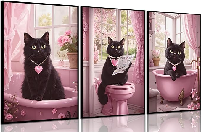 3Pcs Funny Black Cat Bathroom Wall Art Cute Pets Cat Reading Newspaper On The Toilet Painting Pictures Wall Decor Pink Animal Posters Prints for Bathroom Toilet Decorations 16x24 Inch Unframed