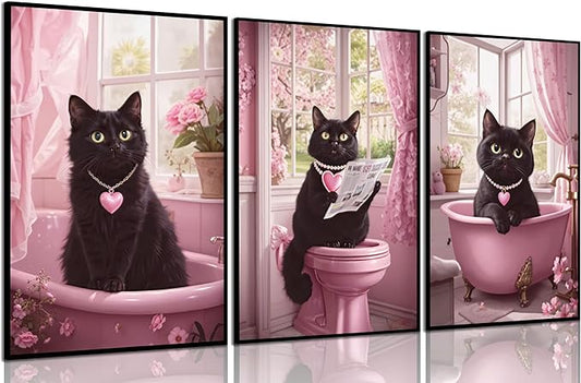3Pcs Funny Black Cat Bathroom Wall Art Cute Pets Cat Reading Newspaper On The Toilet Painting Pictures Wall Decor Pink Animal Posters Prints for Bathroom Toilet Decorations 16x24 Inch Unframed