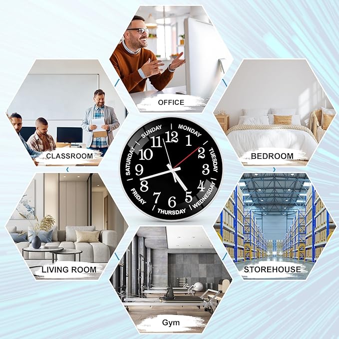 12 Inch Day of Week Wall Clock, Non Ticking Modern Clocks Battery Operated，Analog Day Clock for Seniors Eldly，Classic for Office Home Classroom Bedroom School,Unique Gift Clock