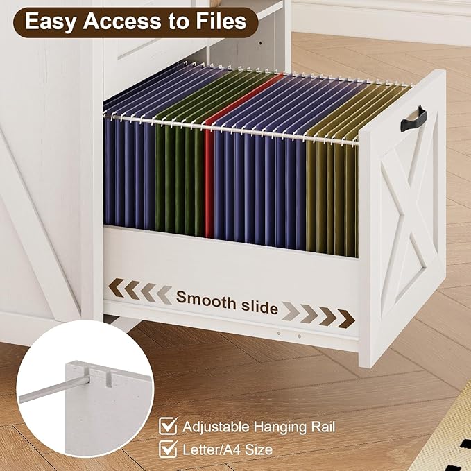 3 Drawer File Cabinet, Farmhouse Lateral Filing Cabinet Fits Files Letter or A4 Size, Wooden Printer Stand with Open Storage Adjustable Shelf for Home Office, Rustic White