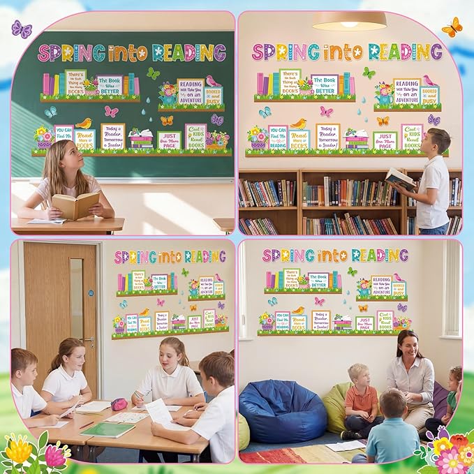 Qilery Spring Bulletin Board Set Reading Classroom Decorations, Spring Into Reading Cutouts for Teachers, Motivational Library Wall Door Decor, Seasonal Book Corner Supplies for Elementary School