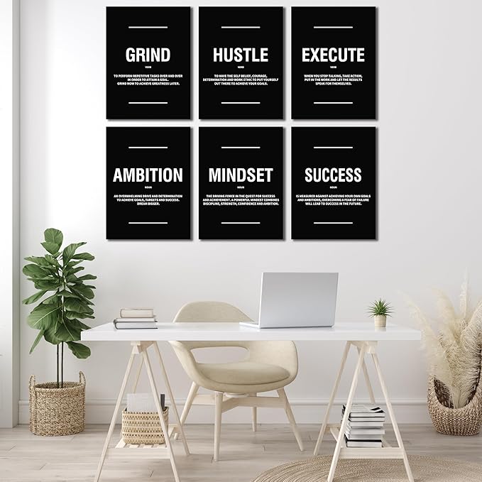COSCTOR Set of 6 Grind Hustle Execute Ambition Mindset Success Motivational Wall Art Picture Decor Canvas Framed for Office Bedroom Inspirational Home Posters Paintings Ready to Hang(Framed,12x16)