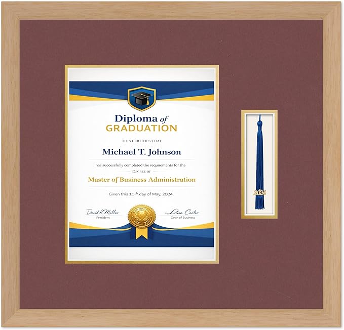 Diploma Frame with Tassel Holder Natural Wood Shadowbox Dark Red Over Gold Mat - Fits 8.5 x 11 Degree Made in the USA
