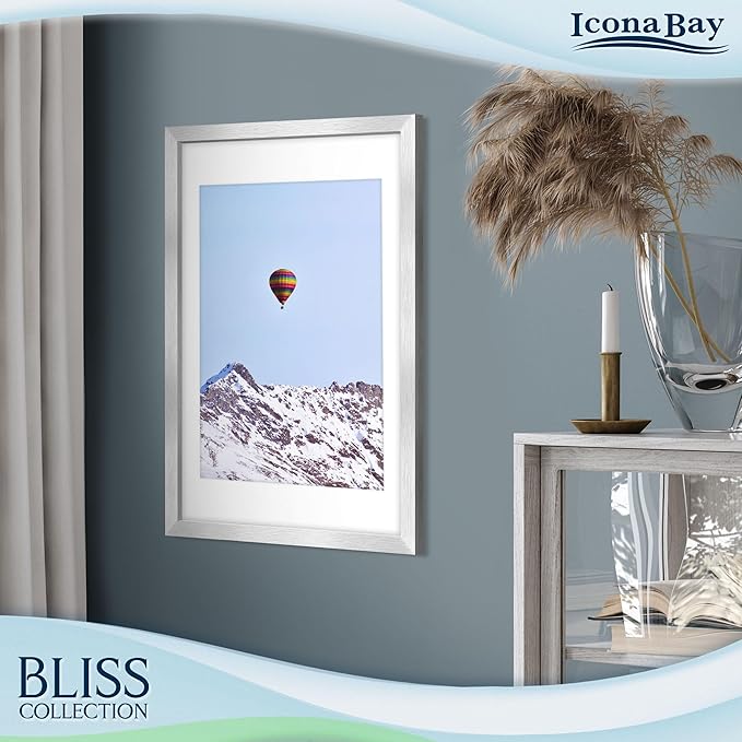 Icona Bay - 12x16 Silver Picture Frame with Removable Mat to 9x12 Photo - Modern Style Engineered Wood Poster Frame - Wall Mount Only - Bliss Collection