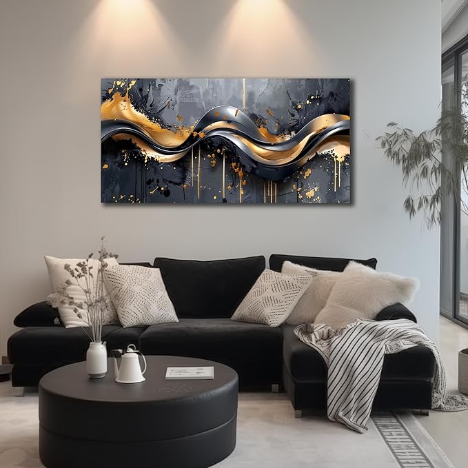 AOZEMI Abstract Wall Art Black Canvas Art Gold Wall Decor Paintings Artwork Print Pictures for Bedroom Living Room 20"x40"
