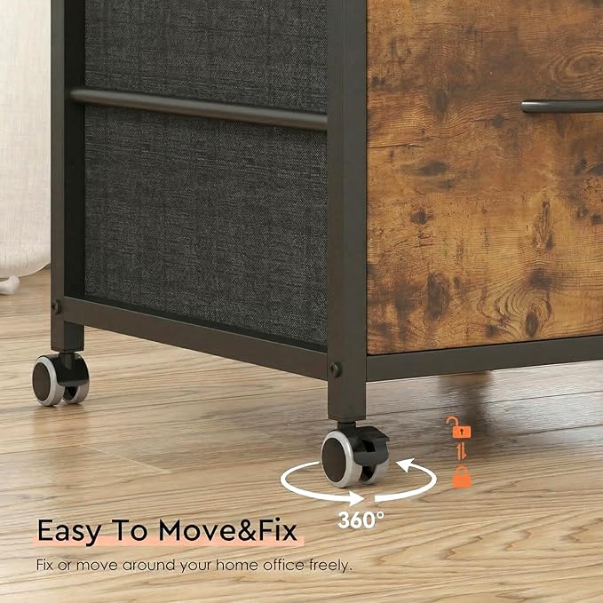 Mobile File Cabinet with Fabric Drawer,Rustic Brown File Cabinets for Home Office, Rolling Printer Stand with Storage, Filing Cabinet fits A4 or Letter Size for Home Office