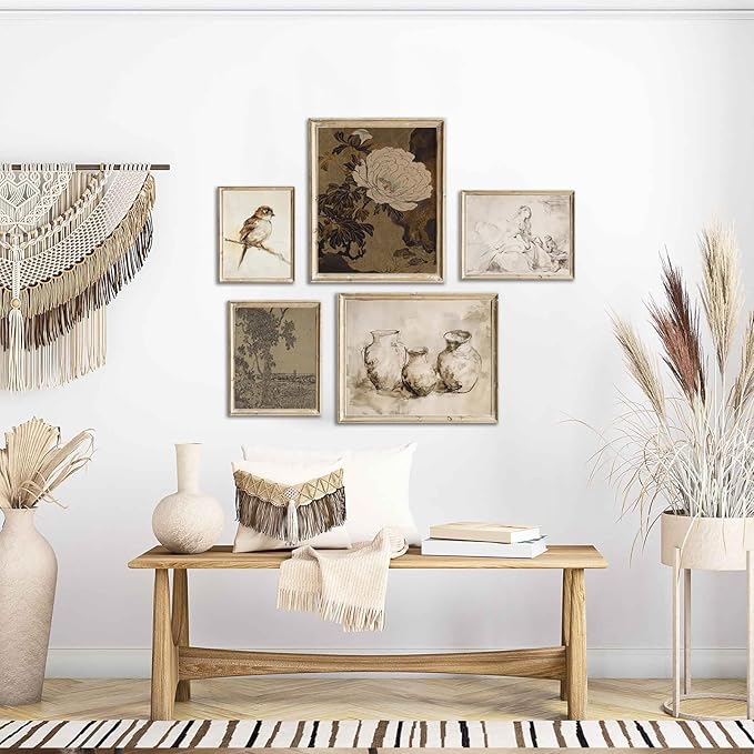 Vintage Rustic Wall Decor: Aesthetic Farmhouse Botanical Painting, Eclectic French Country Wall Collage Kit for Living Room, Dorm Gallery Home Decor, Unframed