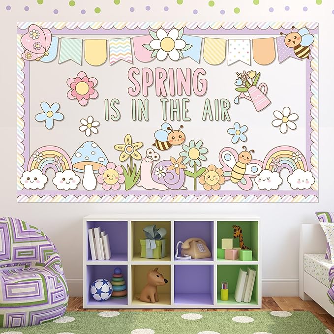 Spring Bulletin Board Decorations Set Spring is in The Air Bulletin Boarder Pastel Flower Butterfly Rainbow Paper Cutouts for Holiday School Classroom Home Office Chalkboard Window Wall Party Decor