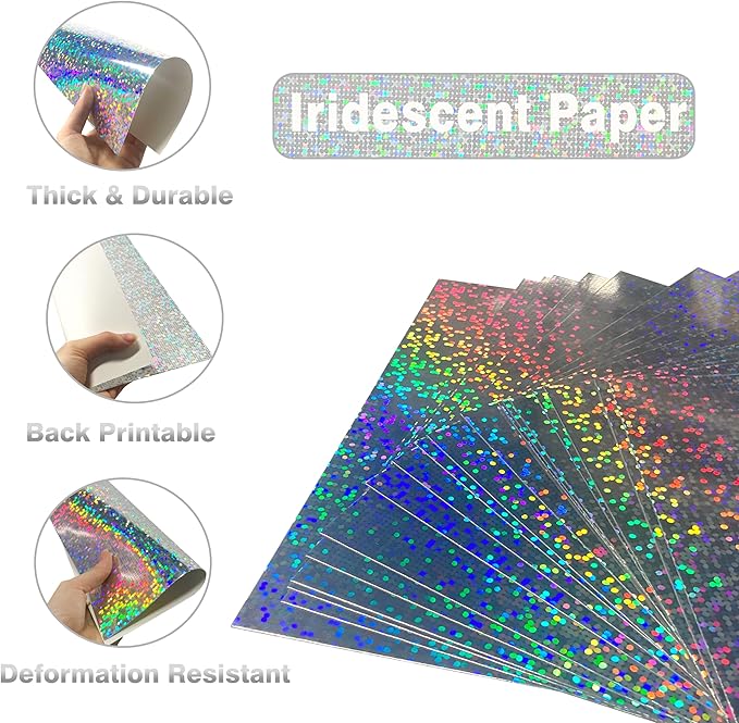 Holographic Silver Cardstock Paper 20 Sheets, 8.5x11 Inch Premium 92lb/250GSM Glitter Iridescent Mirror Paper for Invitations, DIY Crafts, Scrapbooking, Birthday Party Decorations