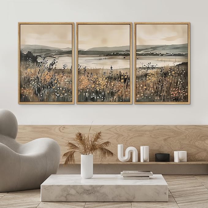 SIGNWIN Framed Canvas Print Wall Art Set Lakeside Meadow Rustic Countryside Watercolor Illustrations Modern Art Decorative for Living Room, Bedroom, Office - 16"x24"x3 Natural