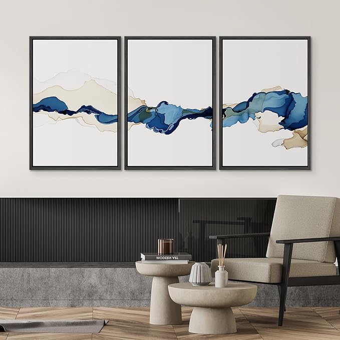 SIGNWIN 3 Piece Framed Canvas Wall Art Blue and Brown Watercolor Nature Wilderness Illustrations Abstract Traditional Relax/Calm Home Artwork Decoration for Living Room,Bedroom - 16"x24"x3 Black
