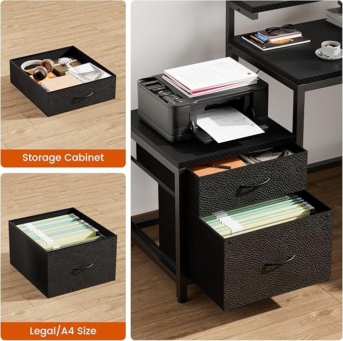 REAHOME 70 Inch L Shaped Desk with File Drawers and Reversible Storage Shelves, Computer Desk with Power Outlet & LED Strip, Home Office Desks, Writing Study Desk for Bedroom, Carbon Fiber Black