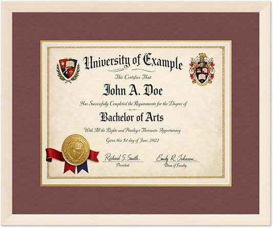 CountryArtHouse Diploma Frame Fits 17 x 13 International Diploma - Keepsake Graduation Display Coastal Whitewash Genuine Hardwood with Dark Red Over Metallic Gold Double mat