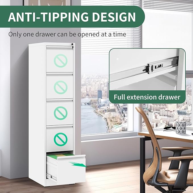 5 Drawer File Cabinet, Vertical File Cabinets with Lock for Home Office,Heavy Duty Office Steel Filing Cabinet for Hanging Letters/Legal/A4, Assembly Required (White)