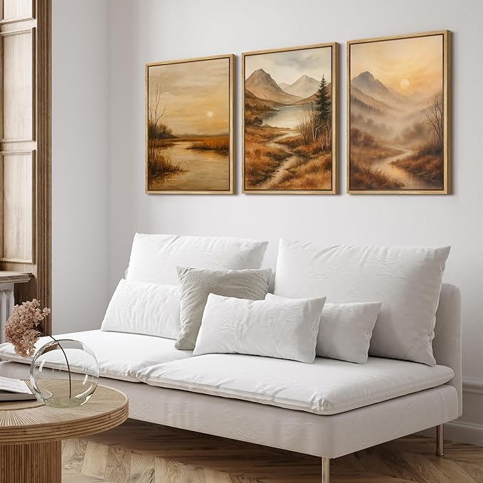SIGNFORD Framed Wall Art Print Set Golden Hour Mountain River Serene Nature Landscape Digital Art Modern Art Contemporary for Living Room, Bedroom, Office - 24"x36"x3 Natural