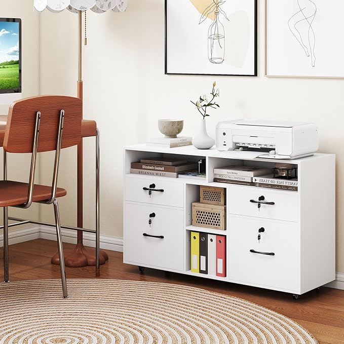 Giantex 4-Drawer Lateral File Cabinet with Lock, Adjustable Shelf, Open Components, 5 Rolling Wheels (2 Lockable), Fits Files A4/Letter Size, Mobile Filing Storage Organizer, Printer Stand (White)