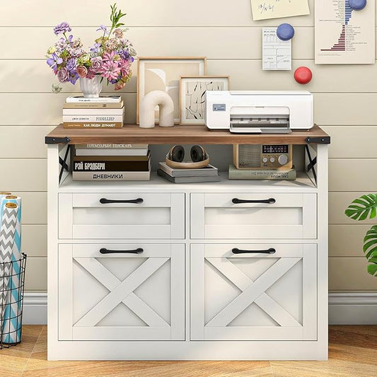Farmhouse 4 Drawer File Cabinet with Open Storage Shelf, Lateral Filing Cabinet Fits Letter/A4/ Size, Home Office Filing Organizer, Document Storage Printer Stand for Office and Home. Uunique White
