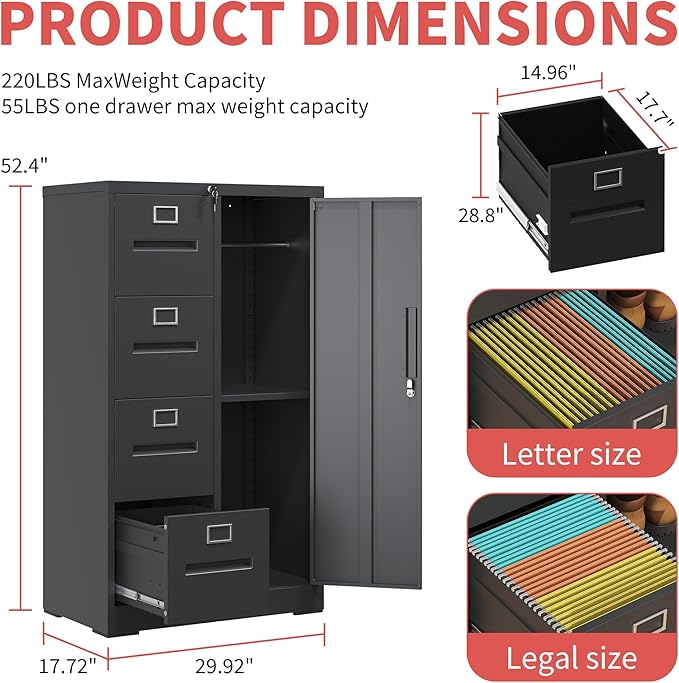4 Drawer Black File Cabinet with 1 Door,Metal Storage Locker Cabinets for Employees,Home Office Lockable Steel Filing Cabinets for Legal/Letter Size Files, Assembly Required