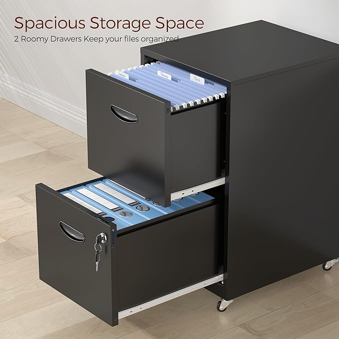2 Drawer Mobile File Cabinet with Lock, Black Metal Filing Cabinets with Wheels, Vertical Rolling File Cabinet Fit Hanging Files, Letter and A4 Documents