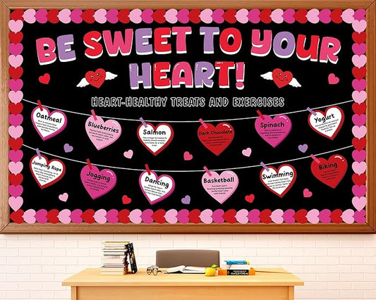 Valentine's Day Heart Health Bulletin Board Set Valentine Sweet to Your Heart Classroom Decoration Healthy Treats and Exercises Bulletin Board Hearts Cutouts for School Home Chalkboard Wall Decor