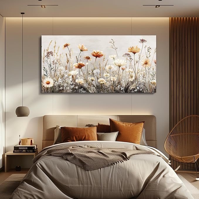 QIYILEXWART Large Wall Decor For Living Room Canvas Wall Art For Office Modern Wall Decorations For Bedroom Neutral Wildflower Landscape Painting Farmhouse Pictures Artwork Home Decor 24x48
