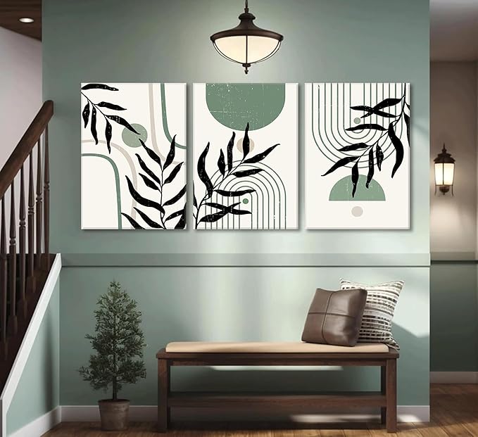 3PCS Boho Sage Green Canvas Wall Art,Minimalist Wall Decor,Geometric Abstract Line Botanical Green Prints,Mid Century Wall Painting,Green Black Beige Poster Hallway Pictures Wall Art framed