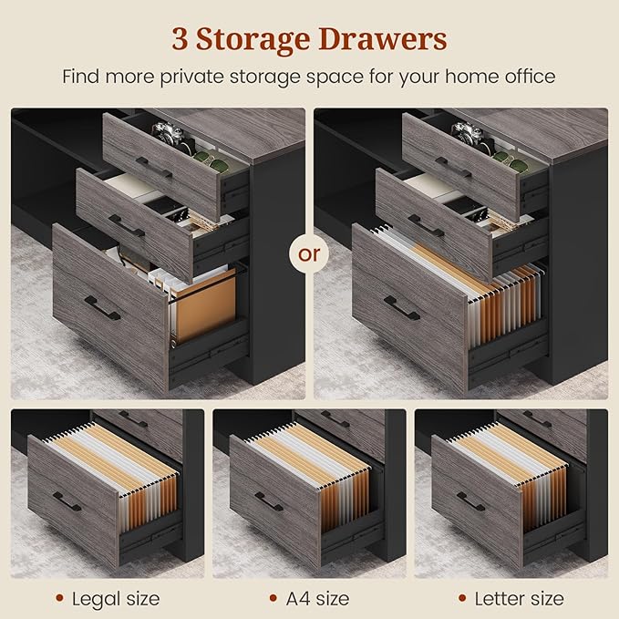 71" Executive Desk, Large Office Desk with Drawers & Storage Shelves, Modern L Shaped Computer Desk Corner Desk with Power Outlets, File Cabinet, Business Furniture Desk Workstation (Grey)