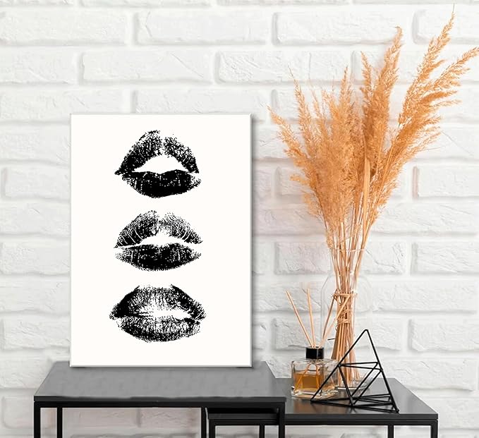 Vintage Black and White Kiss Lips Wall Art Girly Kiss Lips Prints Woman Makeup Room Posters Trendy Print Poster Funky Make Up Pictures Makeup Preppy Girly Dorm Room Canvas Decor Preppy Wall Decor