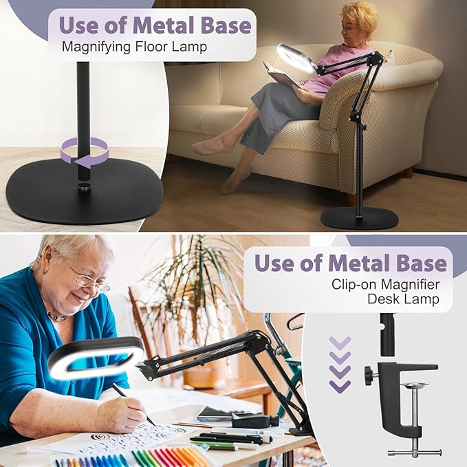10X Large Rectangle Magnifying Glass with Light and stand, 5*3 Inch Real Glass 5 Color Modes Stepless Dimmable Arm Swing LED Floor Lamp, 3-in-1 Lighted Magnifier for Reading Painting Craft Close Work