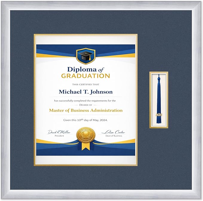 Diploma Frame with Tassel Holder 21.25 x 21 Stainless Silver Shadowbox Navy Blue Over Gold Mat - Fits 11 x 14 Degree Made in the USA