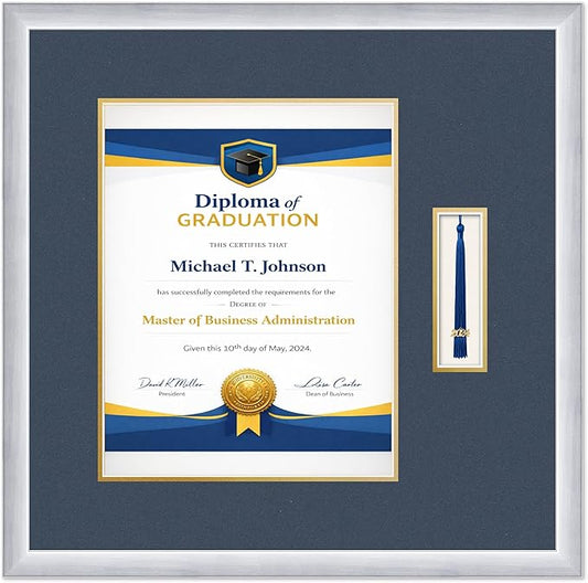 Diploma Frame with Tassel Holder 21.25 x 21 Stainless Silver Shadowbox Navy Blue Over Gold Mat - Fits 11 x 14 Degree Made in the USA