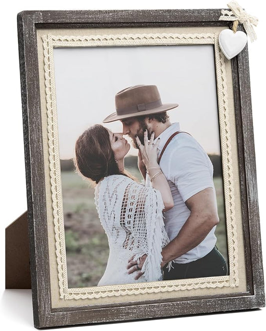 Afuly 8x10 Picture Frame Wooden Distressed Rustic Photo Frame with White Heart Burlap Lace, Solid Wood Frame for Farmhouse Wall Tabletop Home Decor Anniversary Wedding Gifts for Mom Grandma