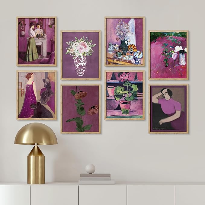 SIGNWIN Framed Poster Bathroom Decor 11"x14"x 8 Natural, Wall Art Room Decor Multicolor for Living Room, Bedroom, Office Pink & Purple Female Portrait & Flowers Vintage Illustrations Bohemian