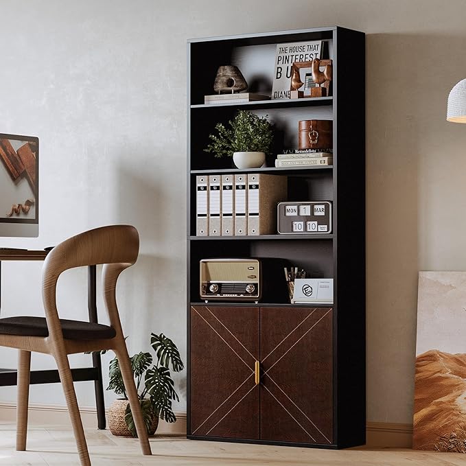 IRONCK Book Shelf and Bookcase with Leather Doors, 70" Tall Bookshelf, 6 Tier Display Case Floor Standing for Home Office, Living Room, Black
