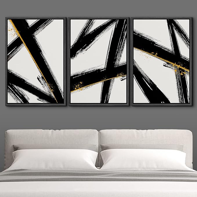 IDEA4WALL Framed Canvas Print Wall Art Set Black Gold Geometric Graffiti Paint Stripes Abstract Shapes Illustrations Modern Art Contemporary for Living Room, Bedroom, Office - 24"x36"x3 Black