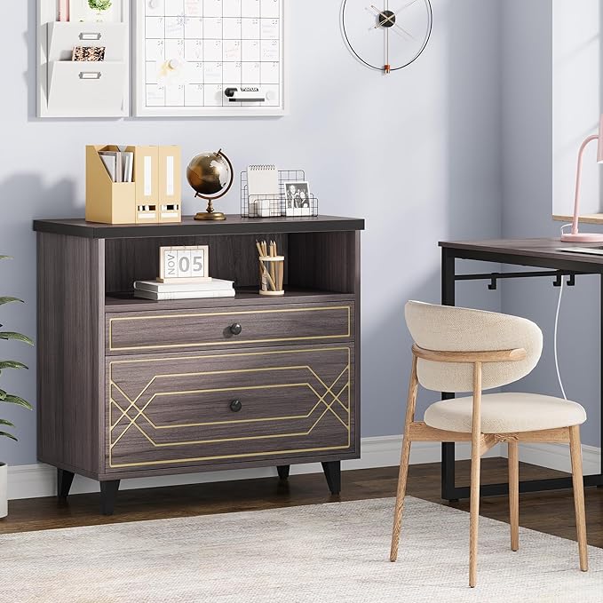 Lateral File Cabinet with Shelf, 2 Drawer Filing Cabinet for A4/Letter/Legal Size, Modern Industrial Office Storage Cabinet Printer Stand for Home Office, Gray Brown
