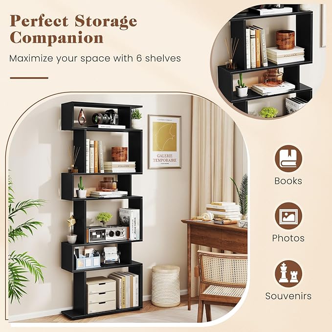 Giantex 6-Tier Geometric Bookshelf, S-Shaped Bookcase with 2 Anti-Tipping Kits, Wooden Display Shelf, Decorative Storage Shelving Unit, Home Storage Organizer for Office Living Room (1,Black)