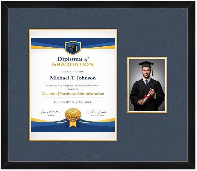 Diploma Frame With Photo Opening Matte Black Navy Blue Over Gold Mat - Fits 11 x 14 Degree and Picture Made in the USA